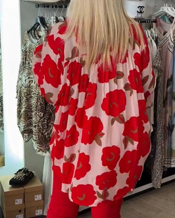 Bluse Stor Blomstret Knyting V-Hals