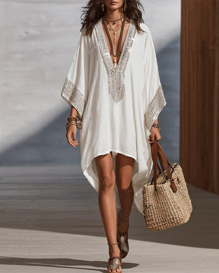 Kjole Dyp V-Utringning Ferie Mote Loose Fit