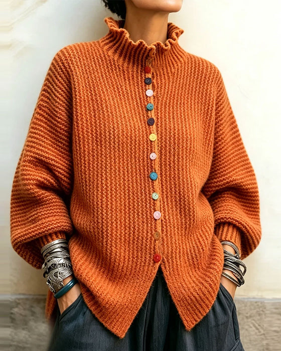 Pullover Farge Knapp Ruffle Kant Strikket
