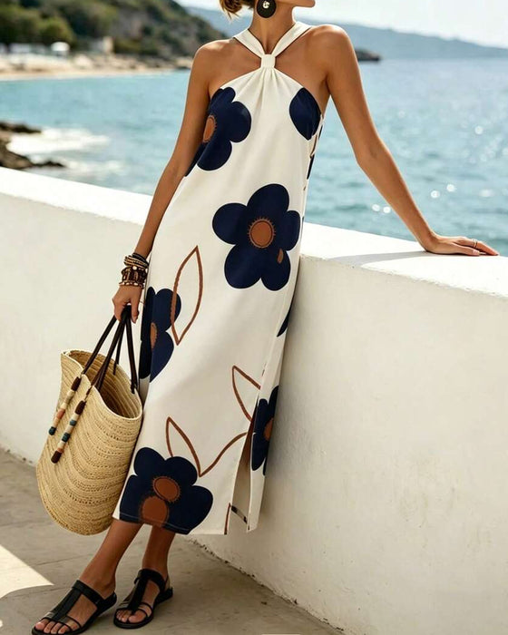Kjole Kors Halter Blomstret Splitt Maxi