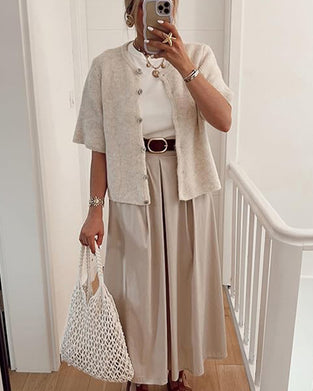 Genser Cardigan Ensfarget Knappefront Kortsermet