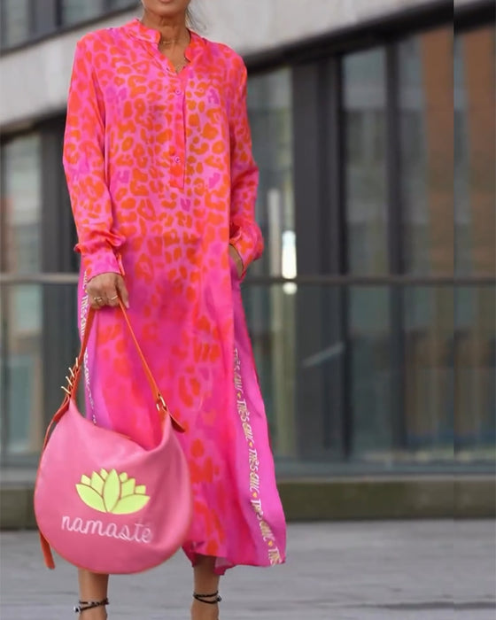 Kjole Langermet Leopardskrift Splitt