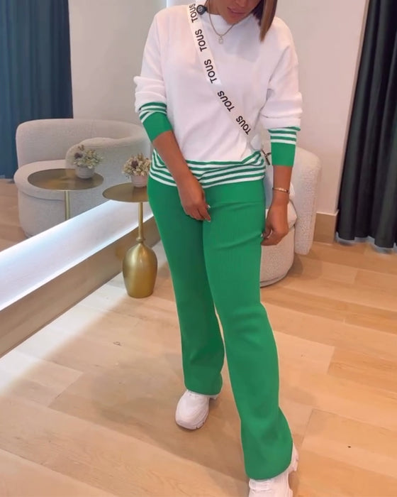 Stripete Kontrast Pullover Bukse Sett