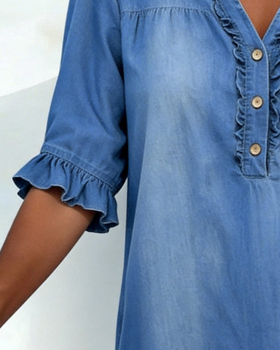 Kjole Ruffle V-Hals Denim