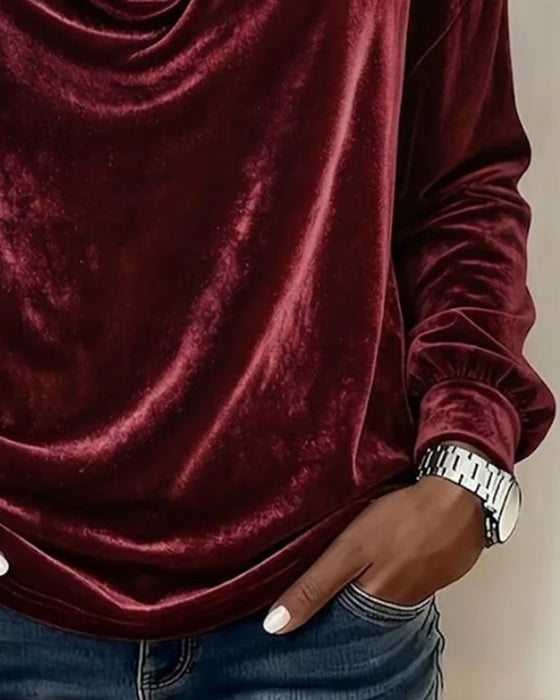 Bluse Fløyel Bardot Cowl Hals Lang Erme