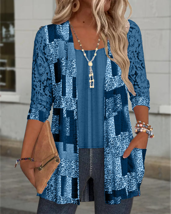 Langermet Bluse Med Print Og Falsk To-Delts Look