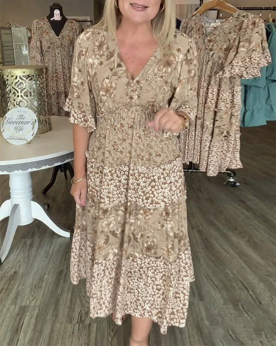 Kjole V-Utringning Lotusserm Blomstret