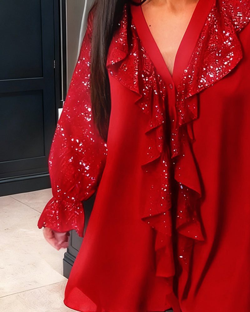 Helfarget Løstsittende Bluser Med Rysjer