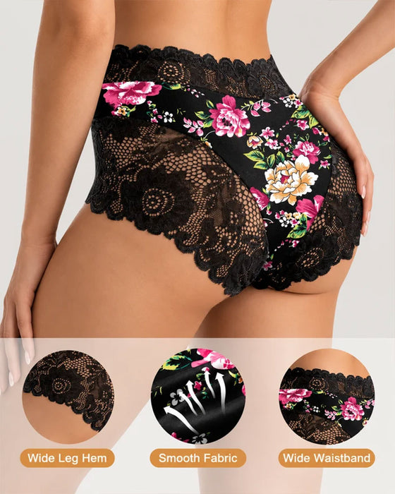 Truser 3-Pack Høy Midje Blomstret Trykk Blonde Kant