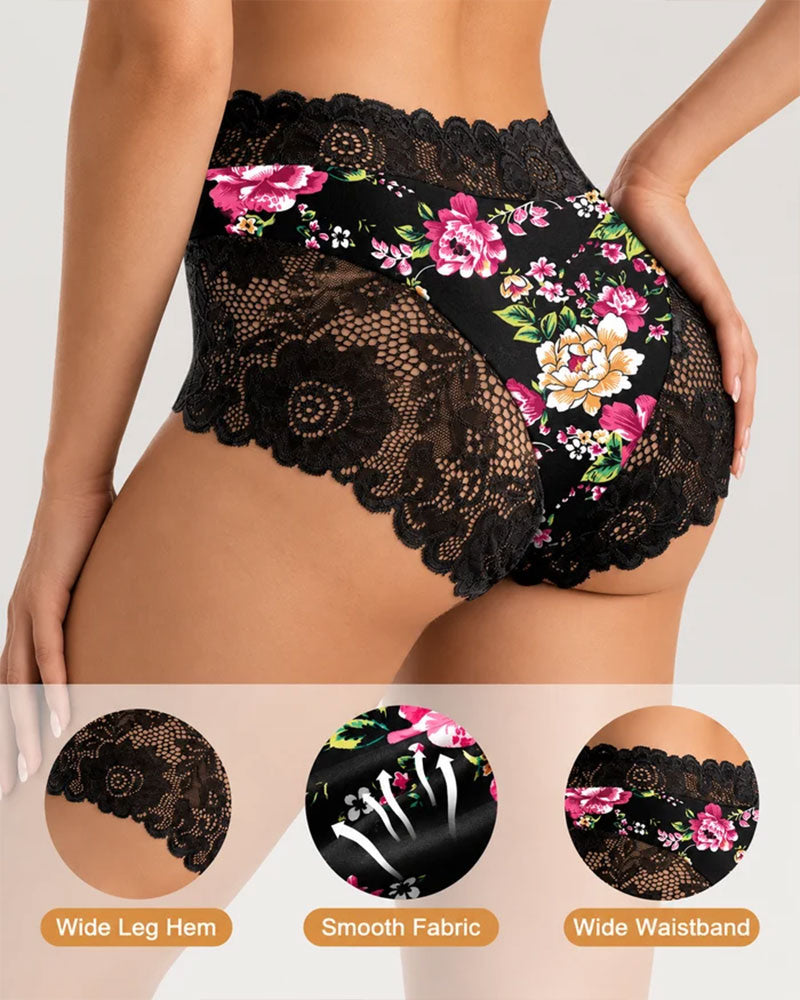 Truser 3-Pack Høy Midje Blomstret Trykk Blonde Kant