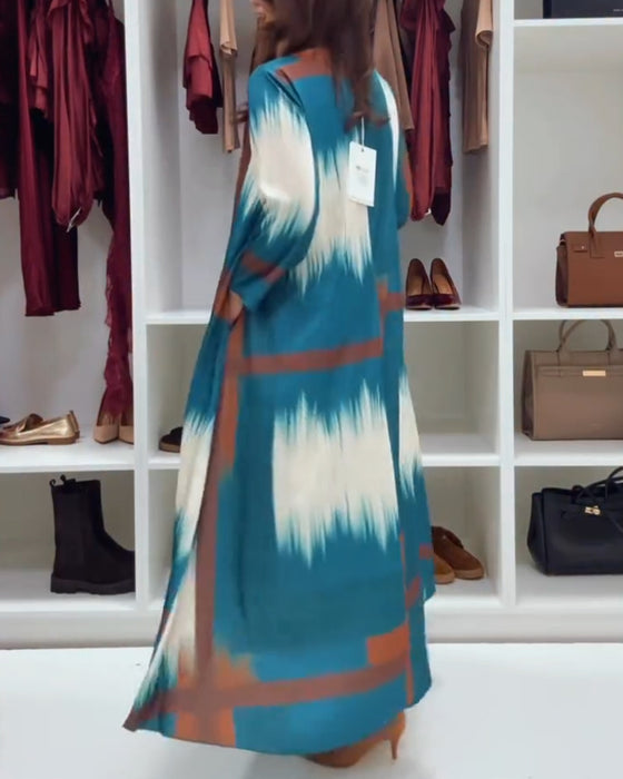 Stilfull Trykt Kjole Med Rund Hals Og Lange Ermer