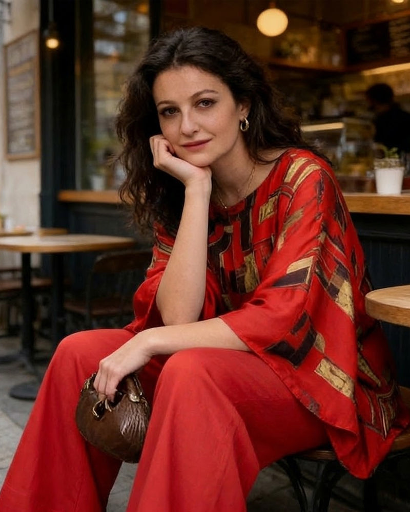 Todelt Sett Geometrisk Trykk Vide Ben Bukse