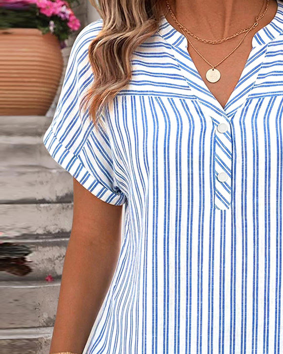 Bluse Stripe V-Hals Knapp Patchwork