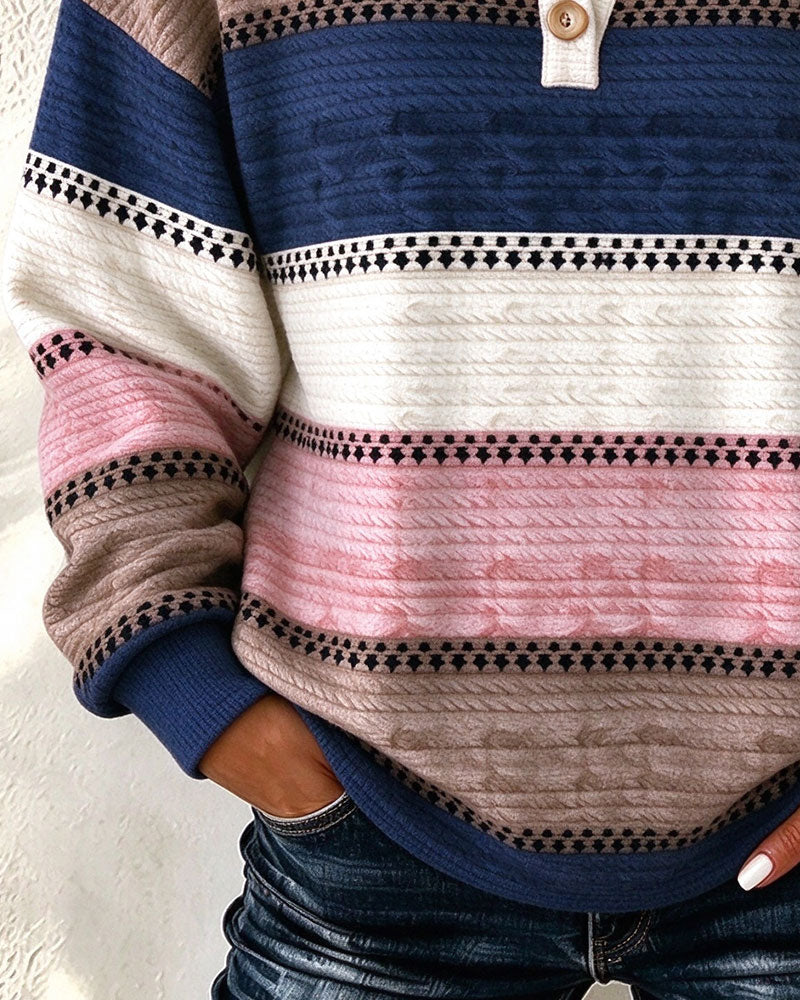Sweatshirt V-Hals Knapp Fargeblokk Stripet