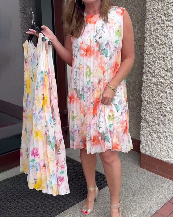 Kjole Ermeløs Plissert Blomstret