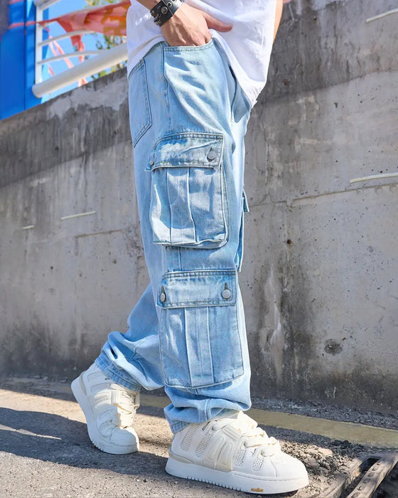 Jeans Herre Løs Solid Klaff Lomme Cargo Denim