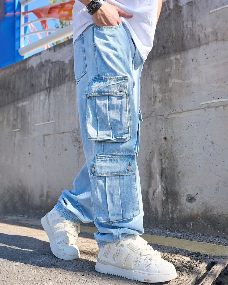 Jeans Herre Løs Solid Klaff Lomme Cargo Denim