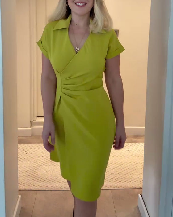 Kjole Revers Ensfarget Plissert Midje