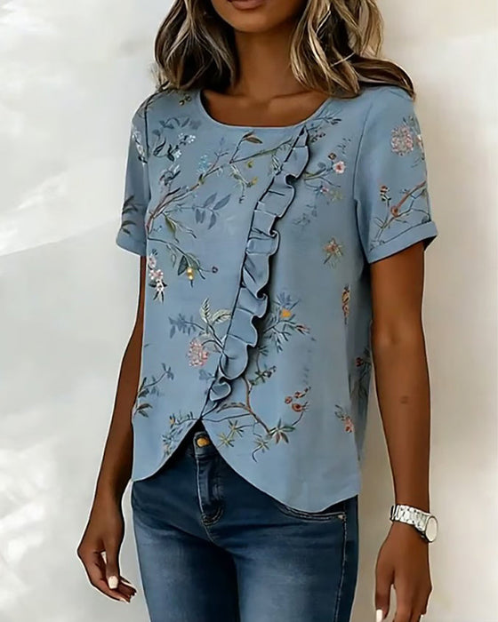 Bluse Rundhalset Kortsermet Rysje Blomstret
