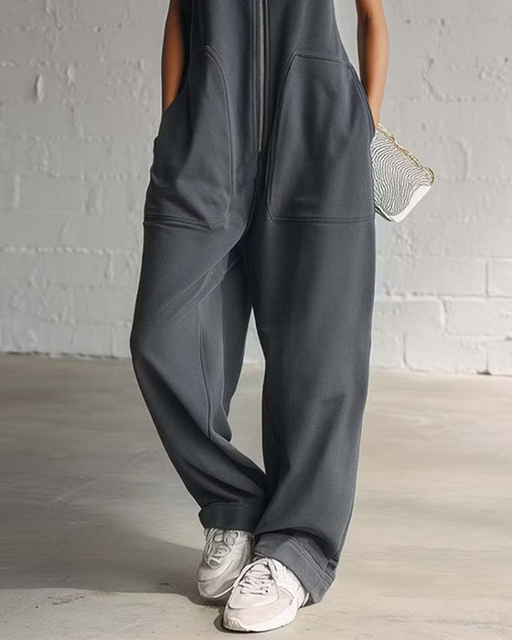 Ensfarget Jumpsuit Med Hette Og Lomme