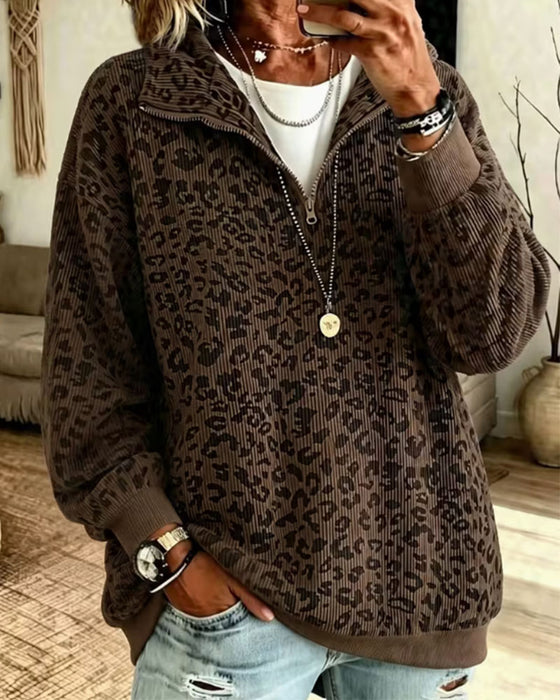 Sweatshirt Halv Glidelås Leopard Pullover