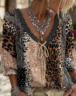 Bluse V-Hals Leopard Prikk Boble Erme