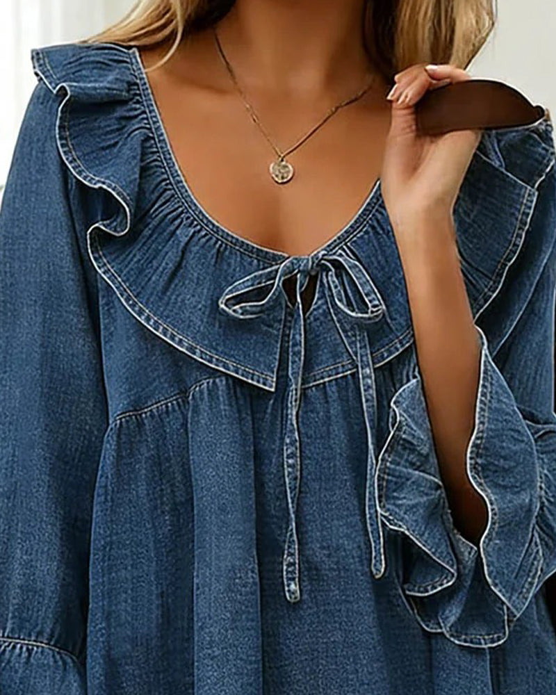 Bluse Rysjebind Denim Rund Hals