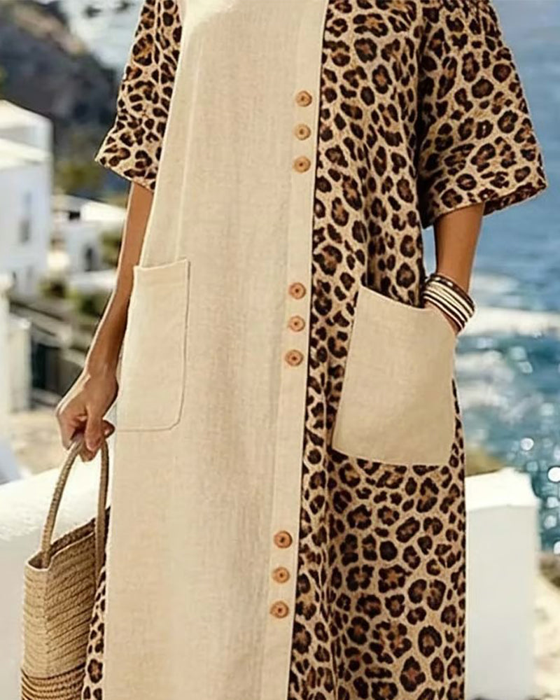 Kjole Leopard Print Fargeblokk Off-Shoulder