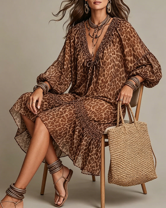 Kjoler V-Hals Knyte Leopard Lykt Erme