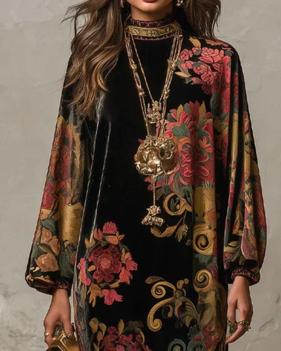 Kjole Mock-Neck Floral Velvet Langermet Maxi