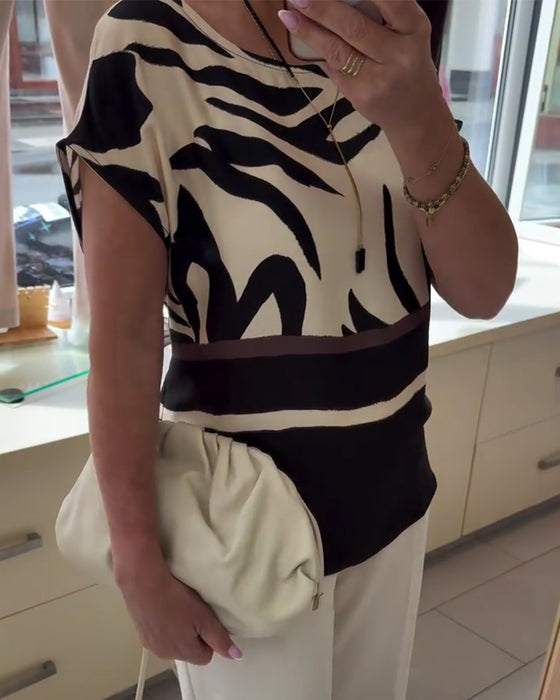 Bluse Rund Hals Geometrisk Patchwork Kort Erme