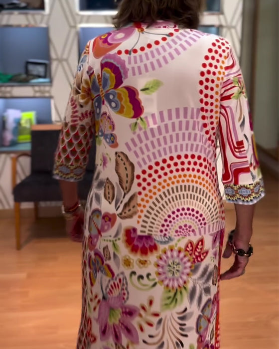 Kjole Etnisk Trykk V-Hals Albuelang Erme