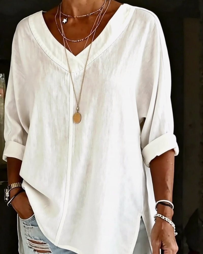 Topp 100% Bomull V-Hals Trekvart Erme Splitt