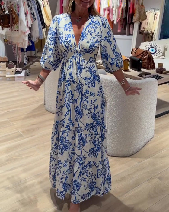 Kjole Dyp V-Hals Elegant Blomstret Lang
