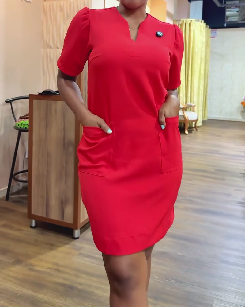 Kjole Ensfarget V-Hals Lomme