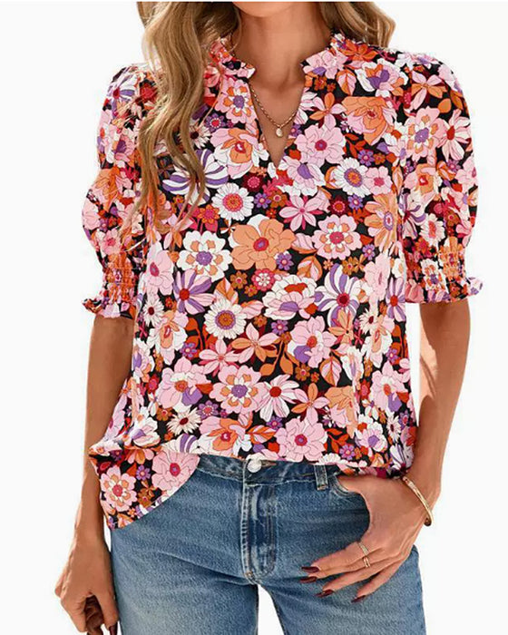 Bluse Blomstret Puff Kort Erme