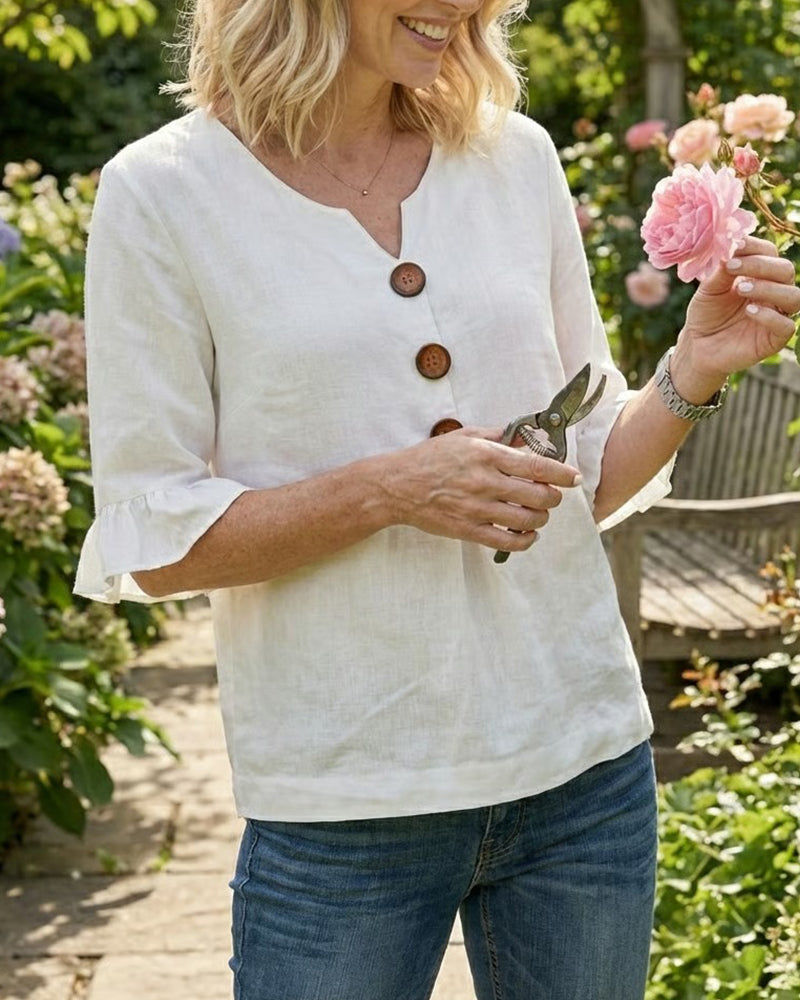 Bluser Ensfarget Bomull-Lin Treknapper Rysjer