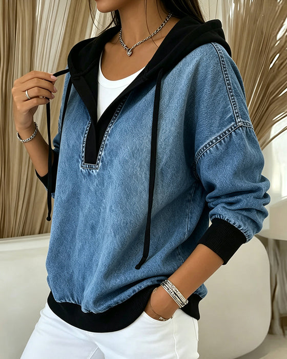 Hoodie Fargeblokk V-Hals Dragsnor