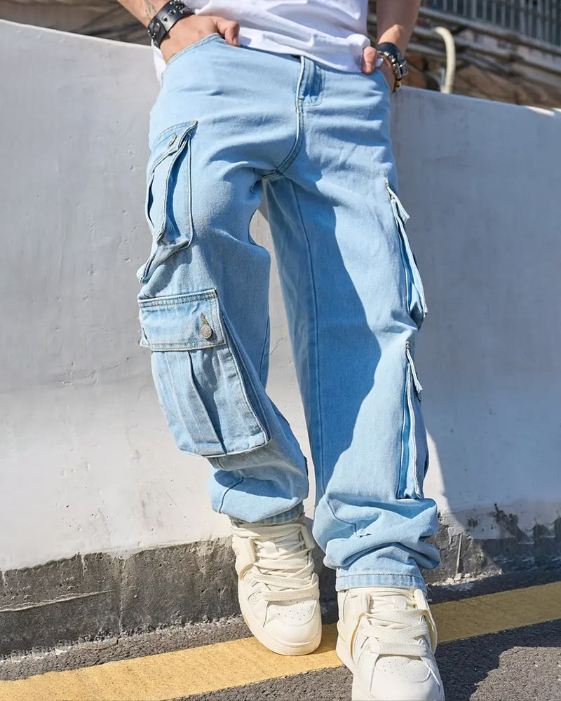 Jeans Herre Løs Solid Klaff Lomme Cargo Denim