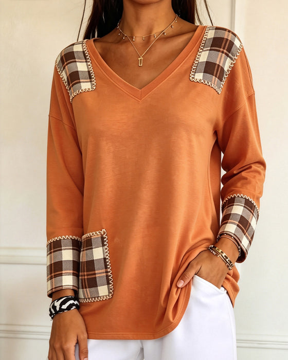 Topp Rute Patchwork V-Hals Casual