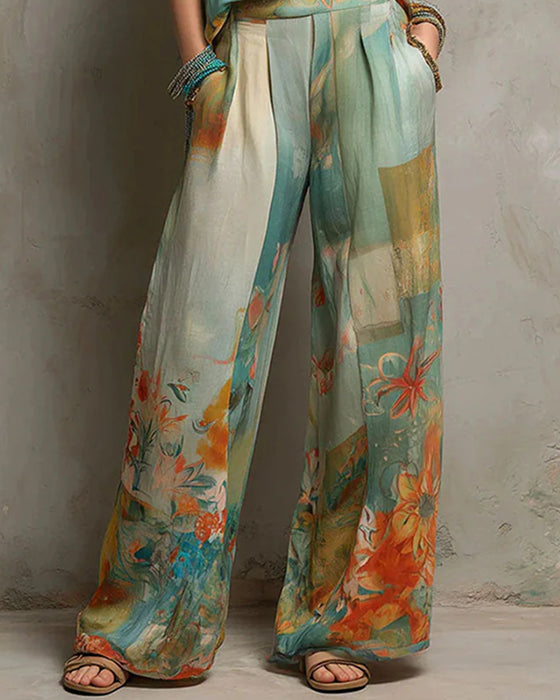 Sett V-Hals Blomstret Bluse + Rette Ben Bukser