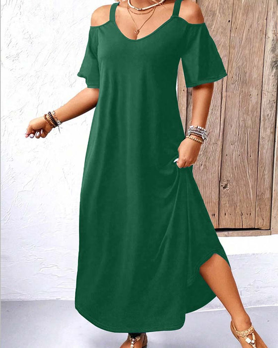 Kjole Ensfarget V-Utringning Off-Shoulder Lang