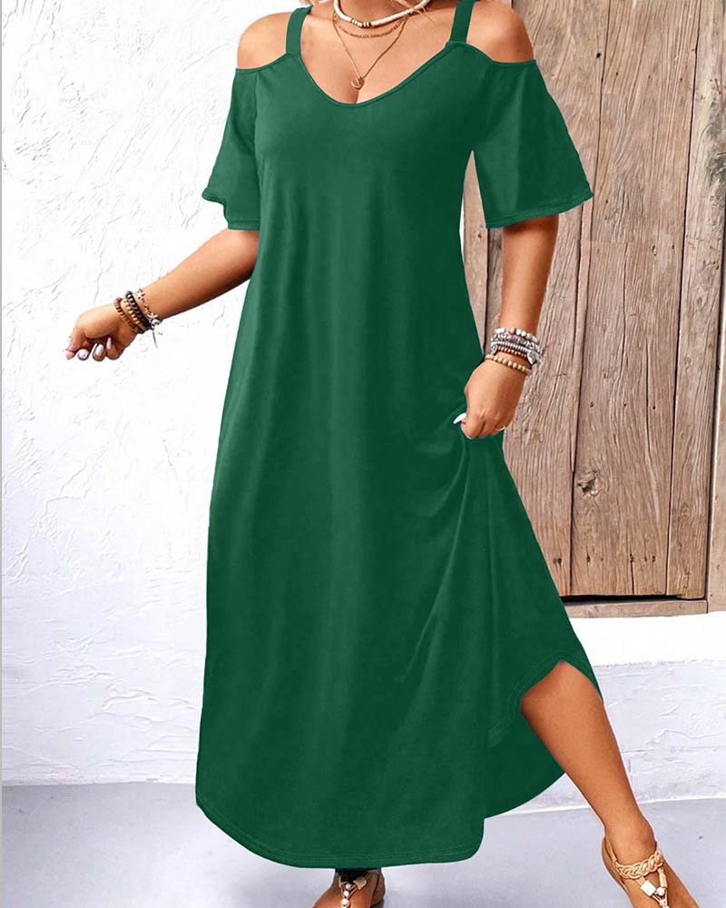 Kjole Ensfarget V-Utringning Off-Shoulder Lang