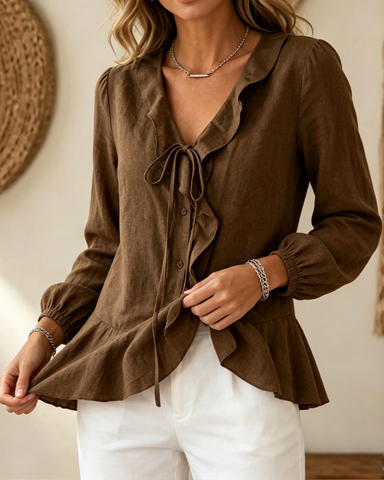 Bluse V-Hals Ruffle Slips Lang Erme