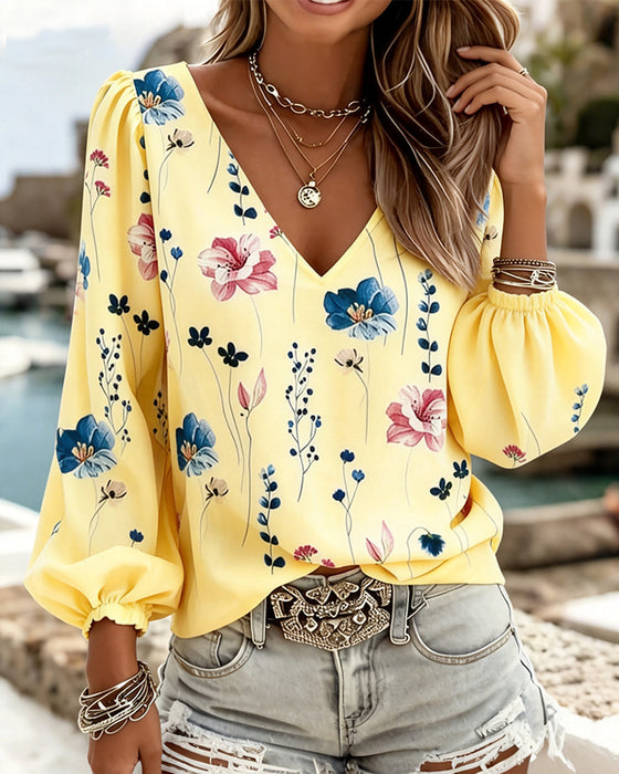 Bluse Lykt Erme V-Hals Blomstret