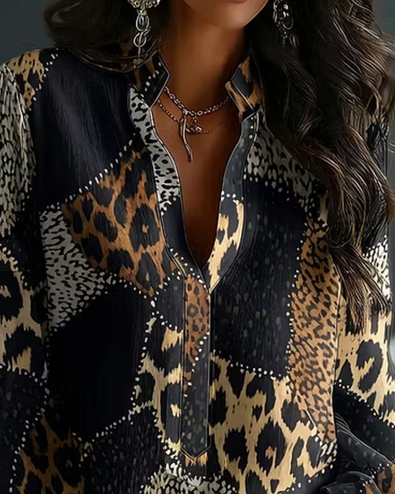 Bluse Mini Mandarin Krage Leopard Panel Avslappet