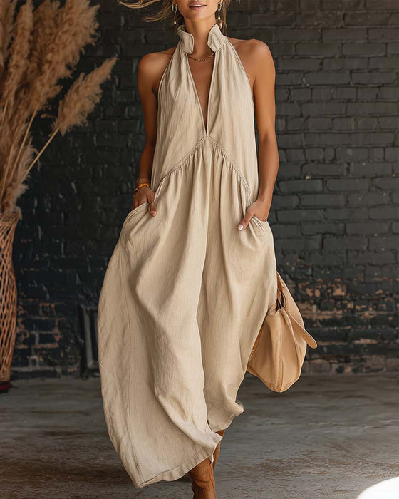 Kjole 100% Bomull Ermløs Ståkrage Ensfarget Maxi