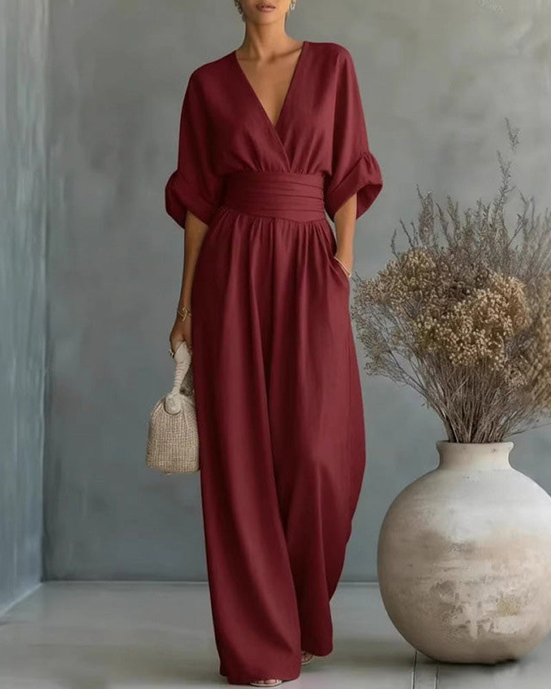 Jumpsuit V-Hals Kors Midjekniping Bred Ben