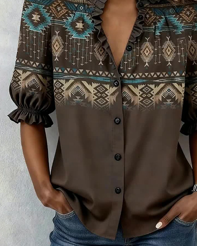 Blus Western Stil Printed Volang Korte Ærmer