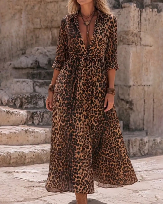 Kjole Leopard Trykk A-Kant Stropper Lang